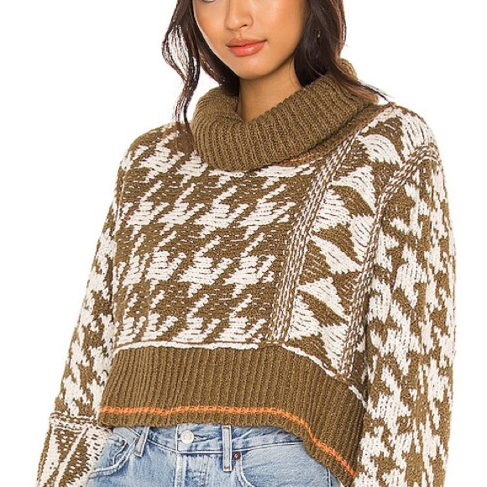 Free People jupiter pullover in shaded grass Houndstooth  womens crop sweater